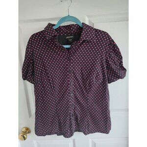 Lane Bryant Button Up Shirt Women’s 14 16 Black Pink Polka Dot Short Sleeve Top